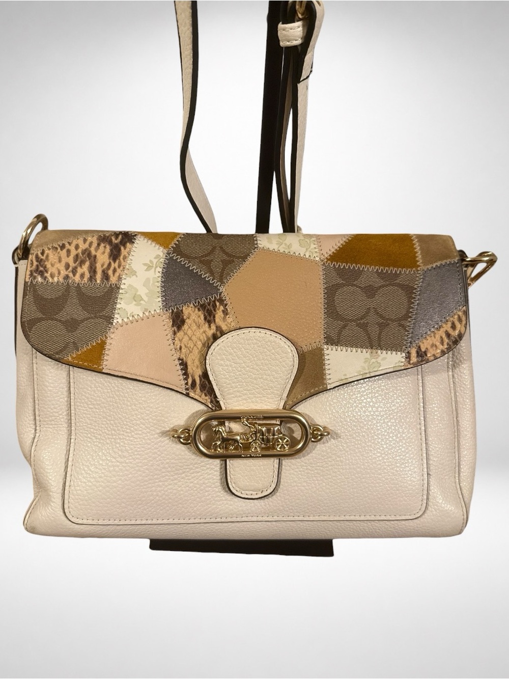 COACH Jade Messenger Bag White Leather Patchwork Horse Carriage Cross 91092